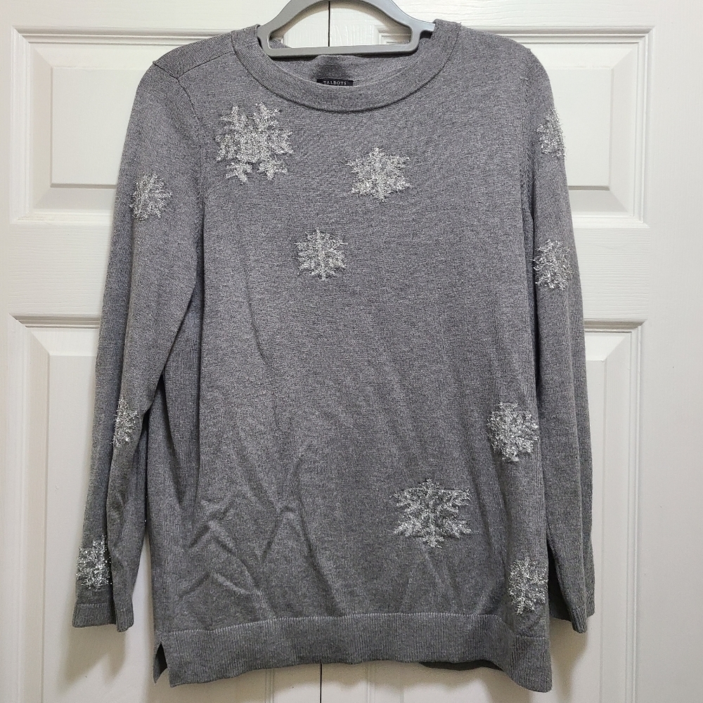 Talbots Cozy Gray Silver Tinsil Snowflakes High Neck Sweater Mp